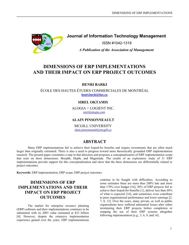 DIMENSIONS OF <em>ERP</em> IMPLEMENTATIONS AND THEIR IMPACT